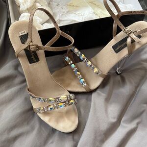 Taupe Strappy Heeled Sandals with Crystal Embellishments with box